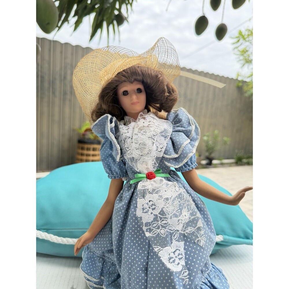 Vintage Porcelain Doll Blue Polka Dot Lace Dress Straw Hat Brunette Display